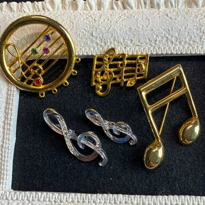 Lot of 5 Music Related Brooches Pins Wearable, Some With Issues